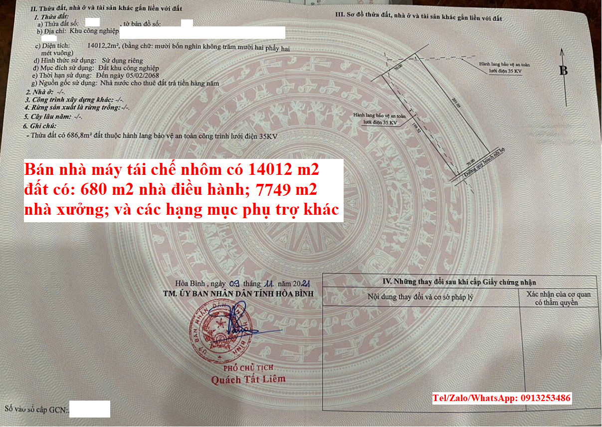 Bán chuyển nhượng cho thuê 14012 m2 đất và nhà xưởng của nhà máy tái chế nhôm ở Tỉnh Hòa Bình cũ nay thuộc Tỉnh Phú Thọ