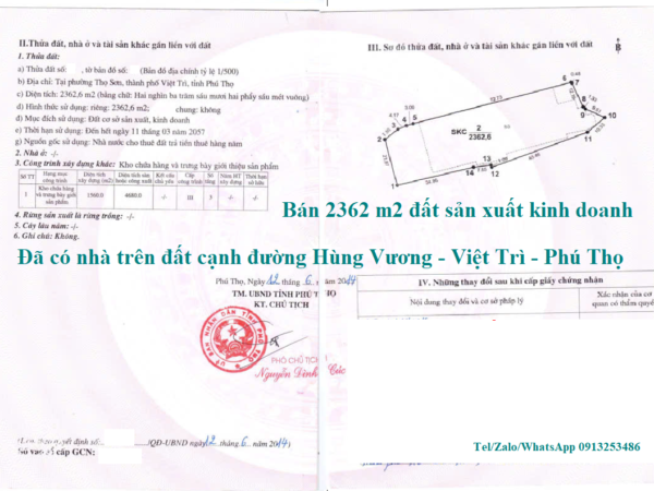 Bán 2362 m2 đất sản xuất kinh doanh và Trung tâm thương mại 3 tầng ở cạnh đường Hùng Vương - Tỉnh Phú Thọ