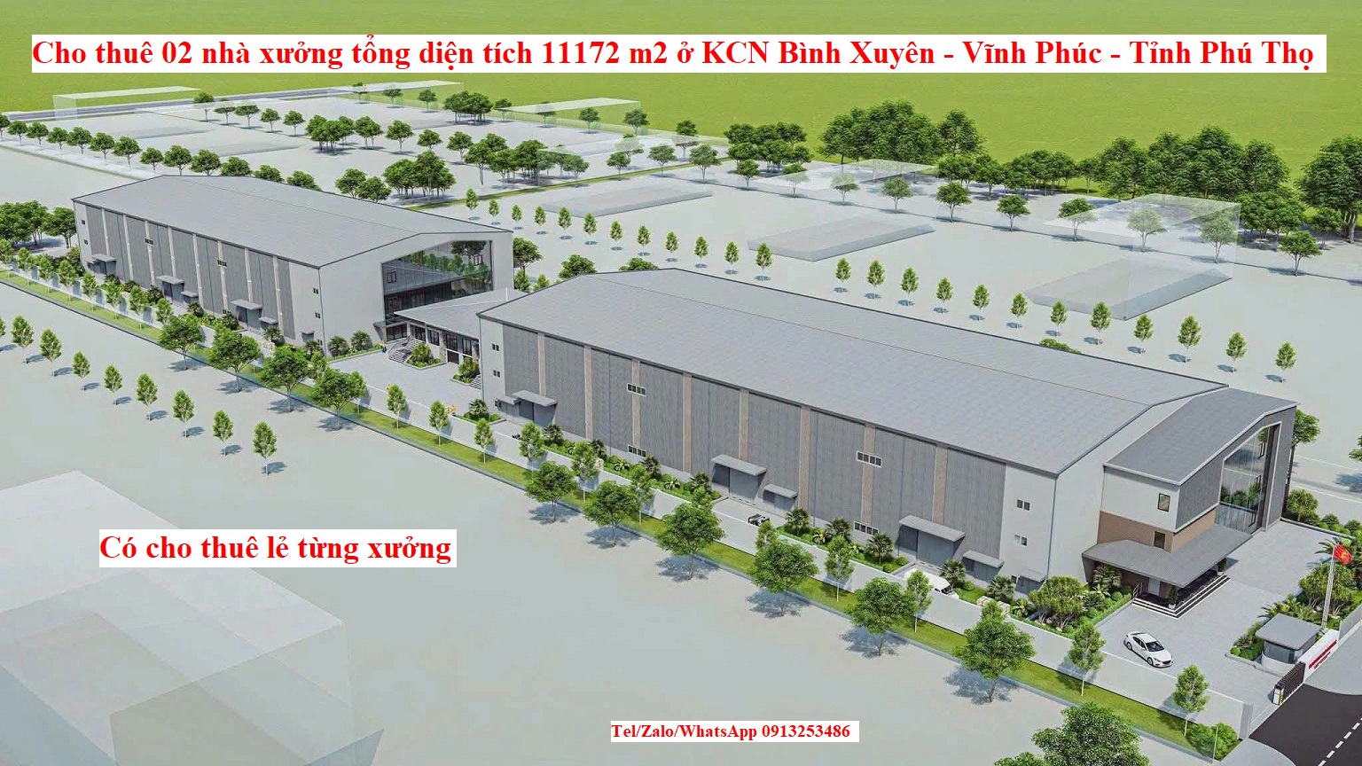 Cho thuê 02 nhà xưởng 02 tầng với tổng diện tích sàn là 11172 m2 cùng các hạng mục phụ trợ khác ở khu công nghiệp Bình Xuyên - Vĩnh Phúc - Tỉnh Phú Thọ
