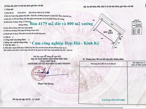 Bán 4179 m2 đất cùng 800 m2 nhà xưởng ở trong Cụm công nghiệp Hợp Hải - Kinh Kệ ở Lâm Thao - Phú Thọ