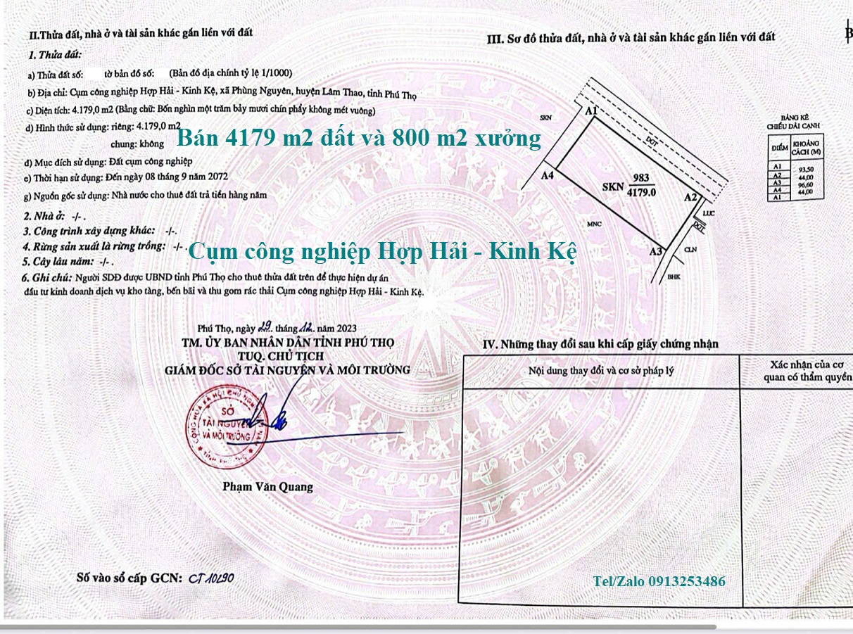 Bán 4179 m2 đất cùng 800 m2 nhà xưởng ở trong Cụm công nghiệp Hợp Hải - Kinh Kệ ở Lâm Thao - Phú Thọ