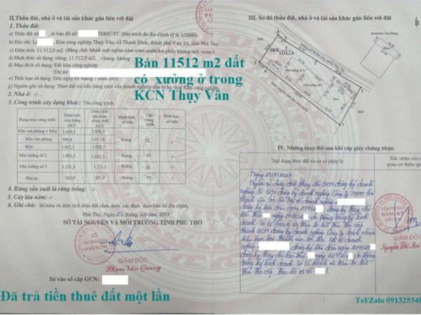 Bán 11512 m2 đất có sẵn nhà xưởng ở trong KCN Thụy Vân - Việt Trì - Tỉnh Phú Thọ