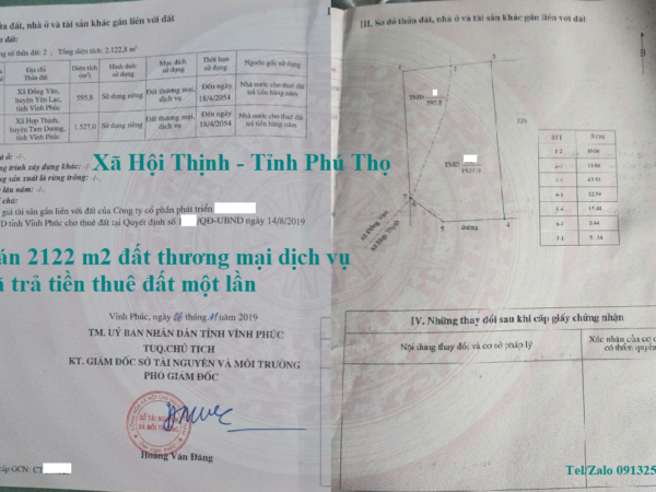 Bán 2122 m2 đất thương mại dịch vụ đã trả tiền thuê đất một lần ở Xã Hội Thịnh - Tỉnh Phú Thọ