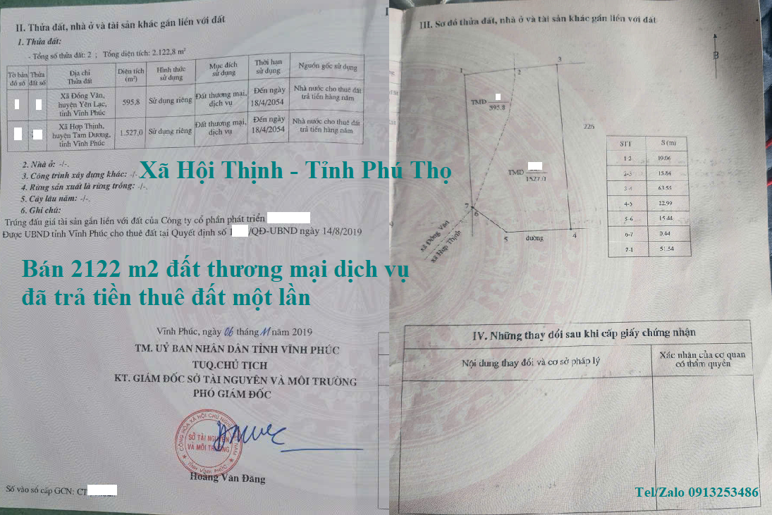 Bán 2122 m2 đất thương mại dịch vụ đã trả tiền thuê đất một lần ở Xã Hội Thịnh - Tỉnh Phú Thọ