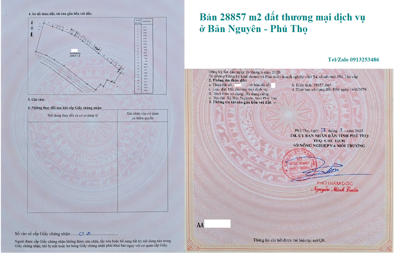 Bán 28857 m2 đất thương mại dịch vụ ở Bản Nguyên - Phú Thọ