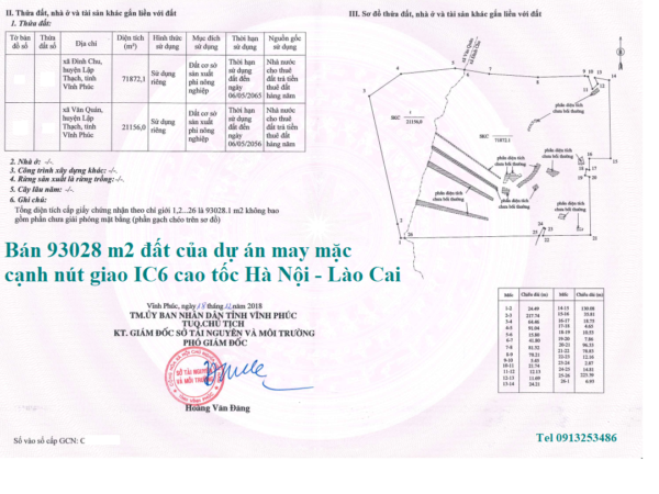Bán 93028 m2 đất của dự án may mạc cạnh cao tốc Hà Nội - Lào Cai