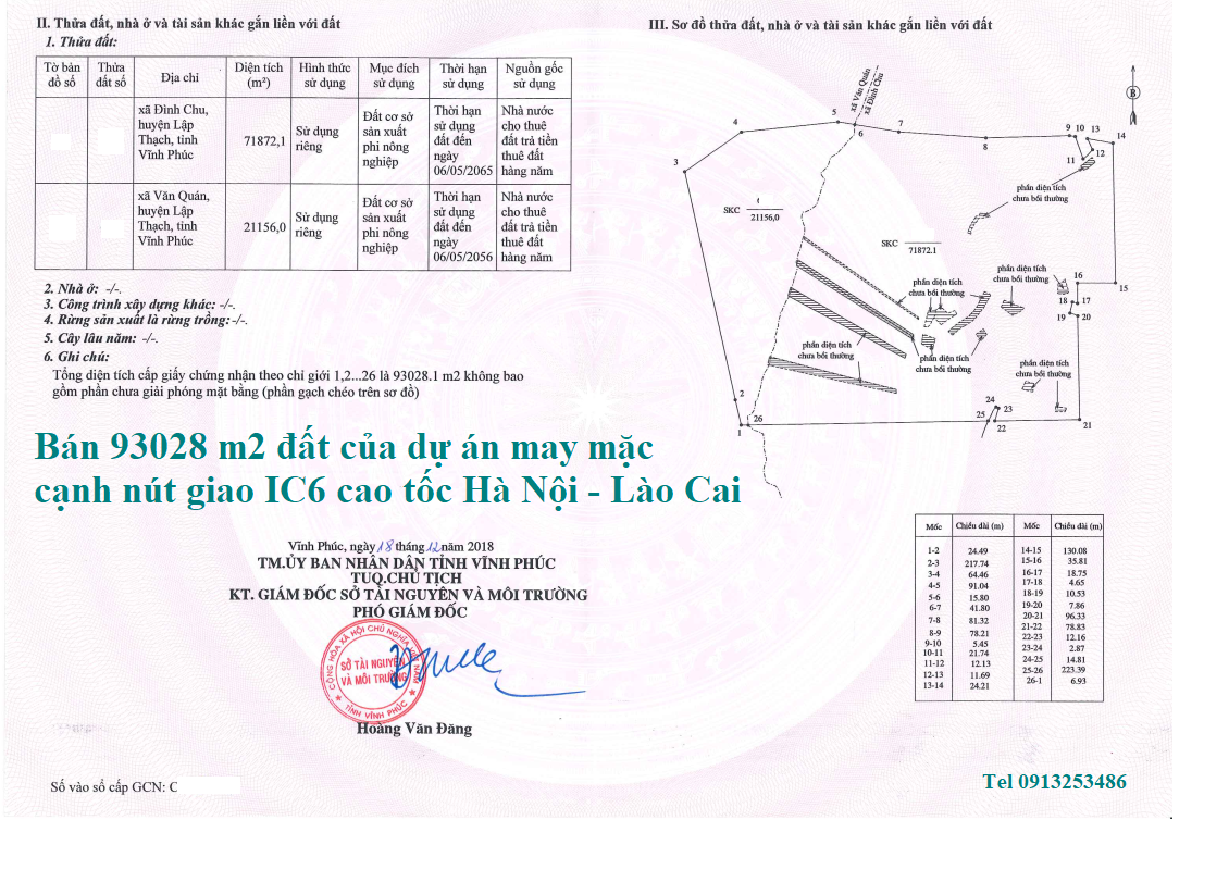 Bán 93028 m2 đất của dự án may mạc cạnh cao tốc Hà Nội - Lào Cai