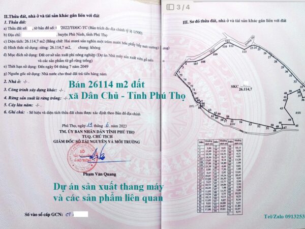 Bán chuyển nhượng dự án sản xuất thang máy và các sản phẩm liên quan ở Xã Dân Chủ - Tỉnh Phú Thọ có 26114 m2 đất